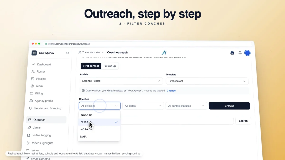 Agencies cut: 'Outreach, step by step', the agency outreach composer filtering coaches by division.